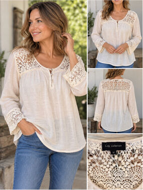 Women's Lilly Collection Beige Lace Detail Blouse Size M